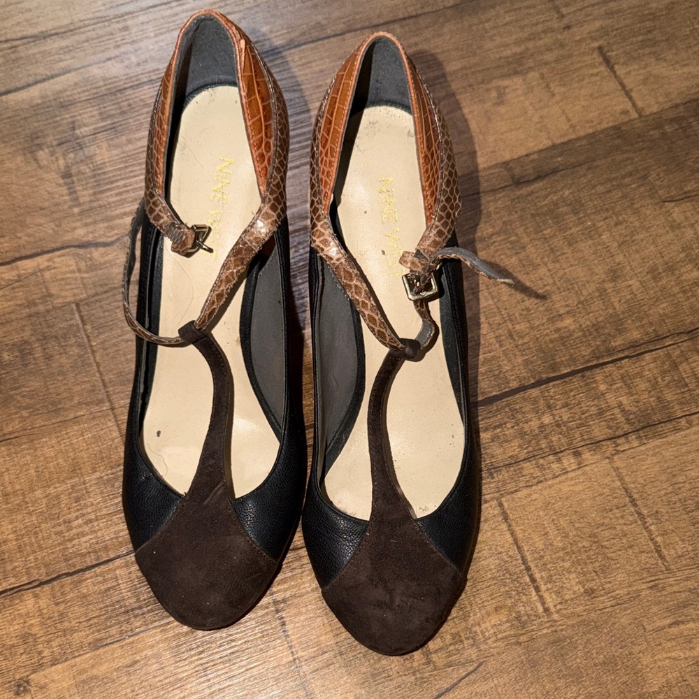 Nine West Brown and Black Women's T-Strap Heels